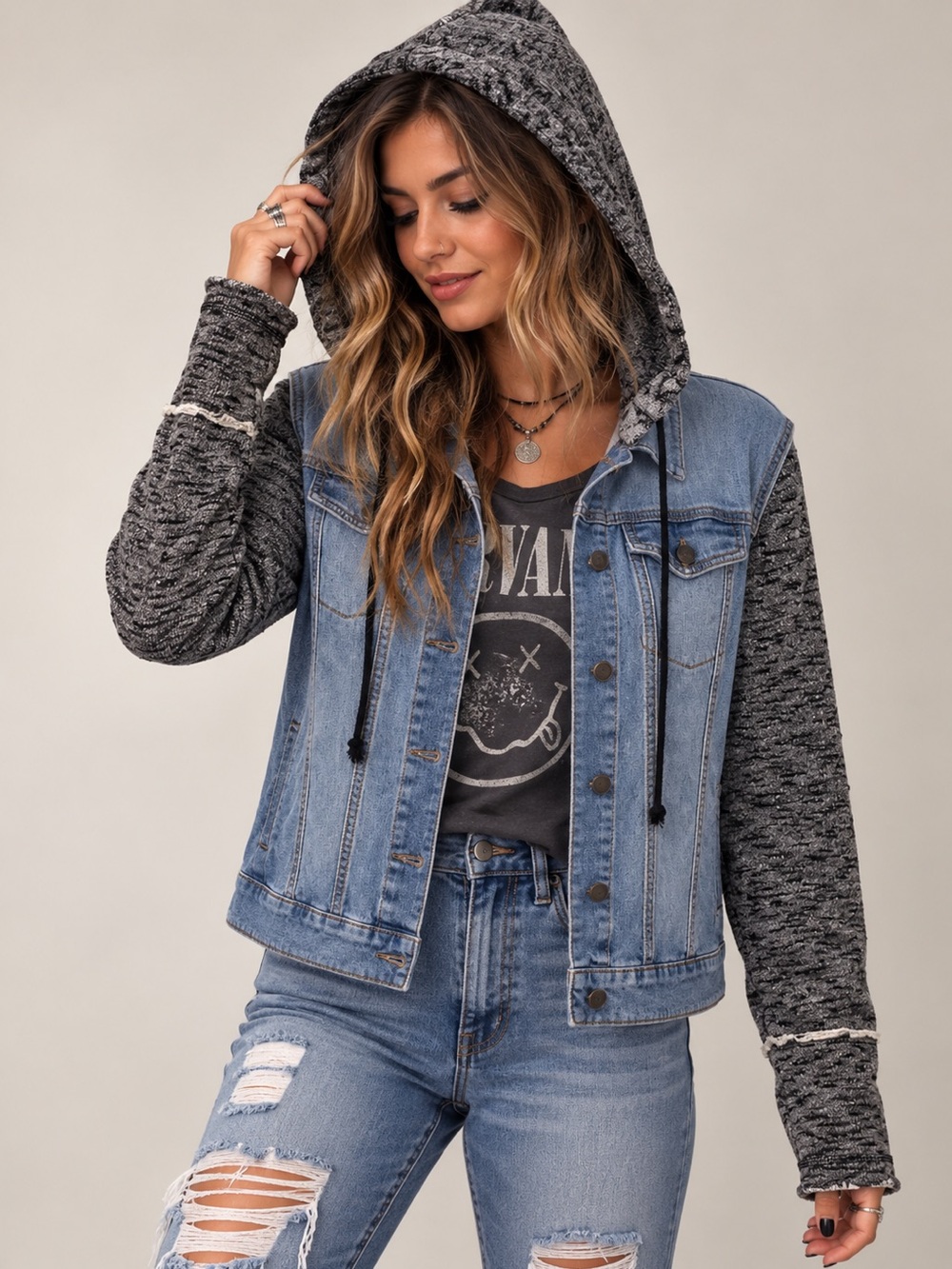 Mossimo Vintage Grunge Hooded Denim Jacket Size XL